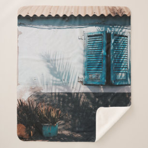 OPENED BLUE LOUVERED WINDOWS SHERPA BLANKET