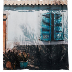 OPENED BLUE LOUVERED WINDOWS SHOWER CURTAIN