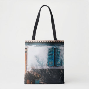 OPENED BLUE LOUVERED WINDOWS TOTE BAG
