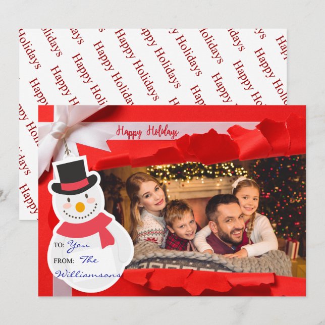 Opened Gift Reveals Family Photo Happy Holidays Holiday Card (Front/Back)