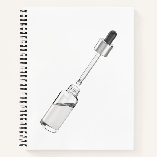 Opened glass dropper bottle with pipette notebook (Front)