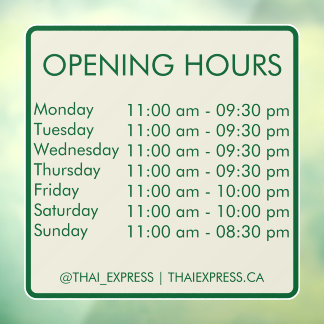 Opening Hours - 30.5 x 30.5 - English Window Cling