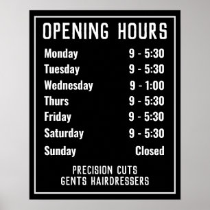 Opening Hours Price List Poster