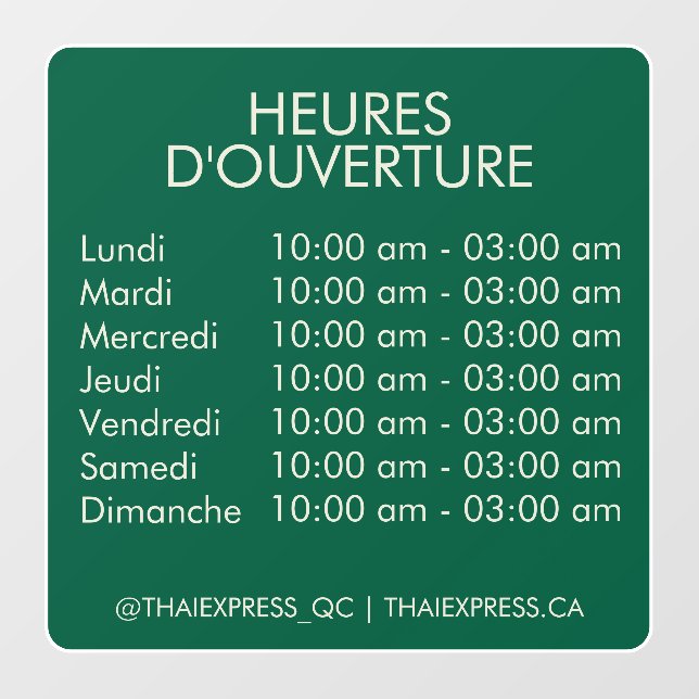 Opening Hours - Reverse (Sheet)