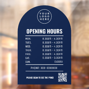 Opening Times With Qr Code Logo And Navy Blue Arch