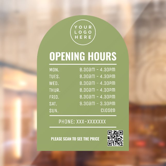 Opening Times With Qr Code Logo Sage Green Arch (Sheet 2)