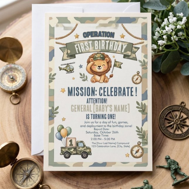Operation First Birthday Military Party Invite (Operation First Birthday Invitation | Camo Military 1st Birthday Party Invite)