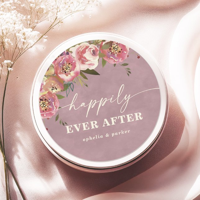 Ophelia Chic Pink Happily Ever After Wedding Favou Classic Round Sticker (Say "I DO" to Romantic Watercolor Florals and a Cottagecore Vibe with the Ophelia Wedding Suite.)