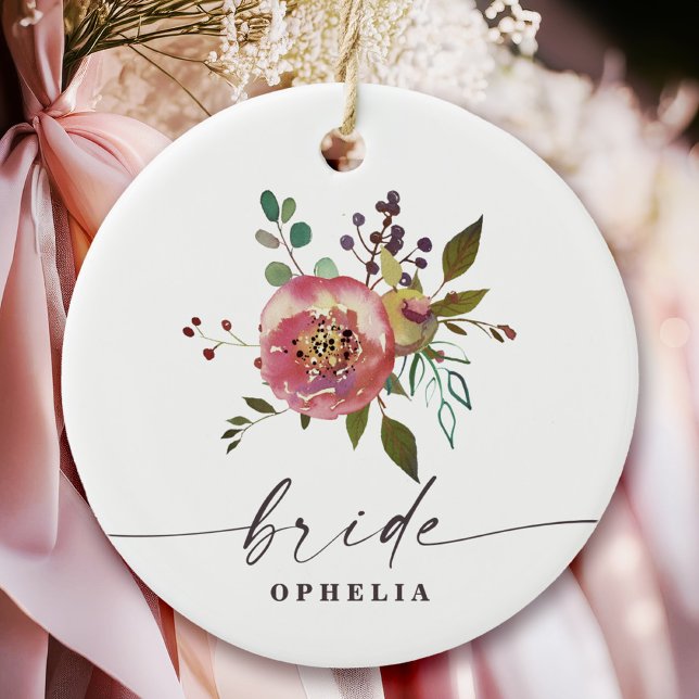 Ophelia Cottagecore Dusty Pink Floral Bride Ceramic Ornament (Say "I DO" to Romantic Watercolor Florals and a Cottagecore Vibe with the Ophelia Wedding Suite.)