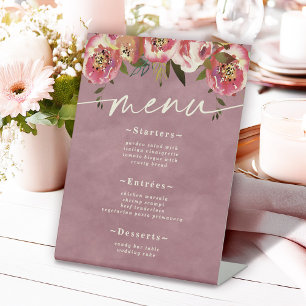 Ophelia Cottagecore Dusty Pink Floral Wedding Menu Pedestal Sign
