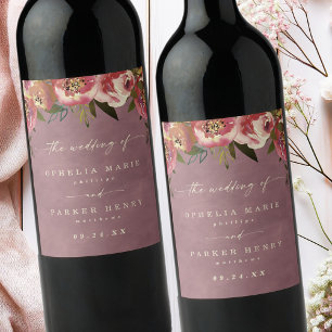 Ophelia Cottagecore Dusty Pink Floral Wedding Wine Label