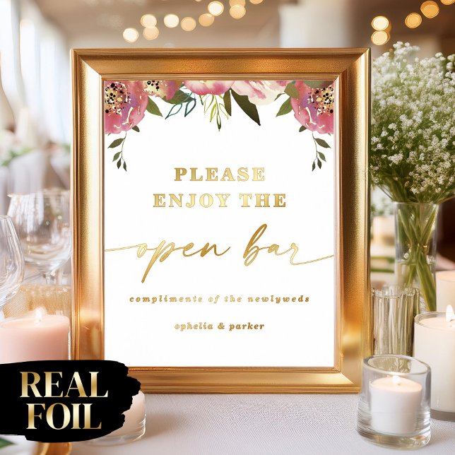 Ophelia Elegant Open Bar Real Foil Wedding Sign (Say "I DO" to Romantic Watercolor Florals and a Cottagecore Vibe with the Ophelia Wedding Suite.)