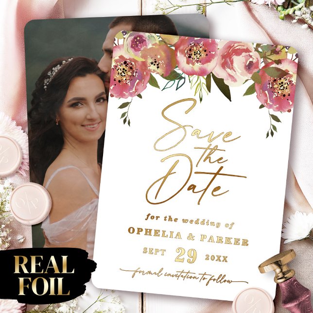 Ophelia Floral Photo Save the Date with Real Gold (Say "I DO" to Romantic Watercolor Florals and a Cottagecore Vibe with the Ophelia Wedding Suite.)