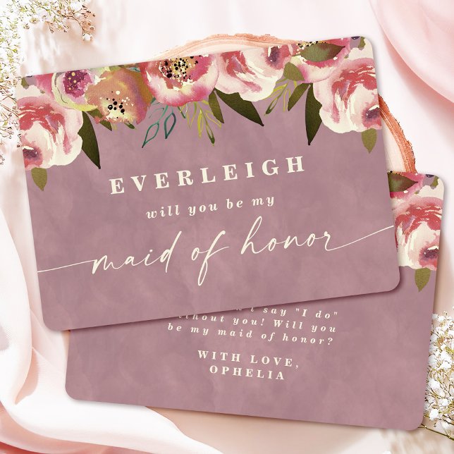 Ophelia Pink Floral Maid of Honour Proposal Card (Say "I DO" to Romantic Watercolor Florals and a Cottagecore Vibe with the Ophelia Wedding Suite.)