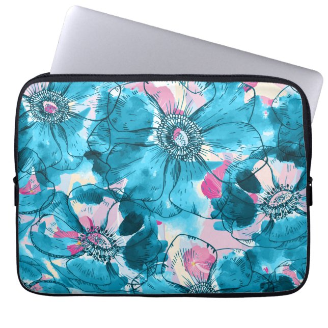 OPink and blue messy abstract flowers pattern Laptop Sleeve (Front)