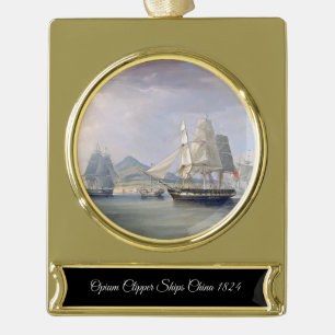 Opium Clipper Ships 1824 Gold Plated Banner Ornament