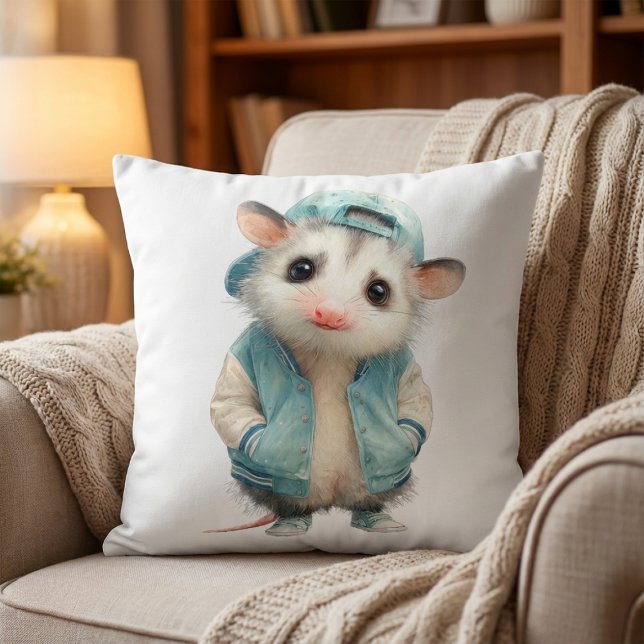 Opossum Birthday Pillow • Woodland Animal Decor (All star opossum pillow with jacket and cap on cozy nursery background)