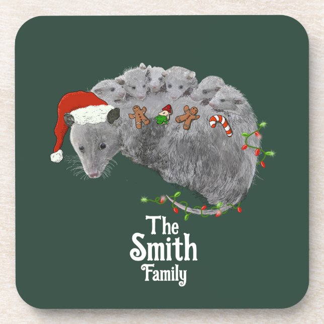 Opossum Christmas Baby Possums Wrapped in Lights Coaster (Front)