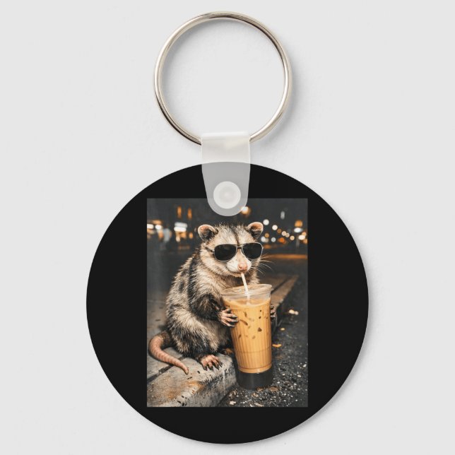 Opossum Drinking Iced Coffee Funny Animal Meme Men Key Ring (Front)
