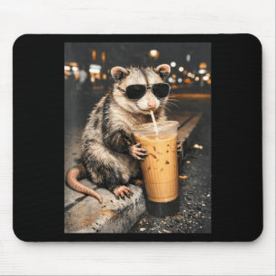 Opossum Drinking Iced Coffee Funny Animal Meme Men Mouse Pad
