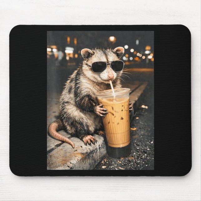 Opossum Drinking Iced Coffee Funny Animal Meme Men Mouse Pad (Front)