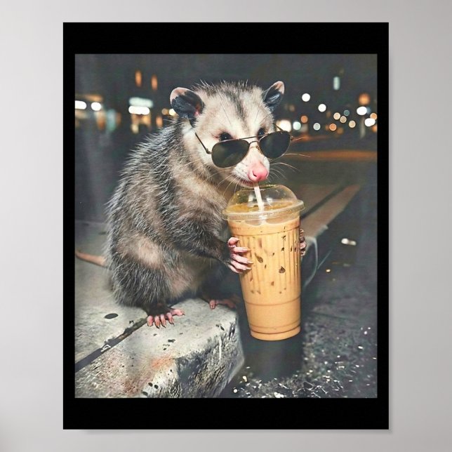 Opossum drinking iced coffee funny animal meme poster (Front)