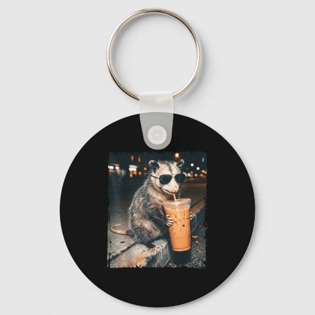Opossum drinking iced coffee funny possum meme men key ring (Front)