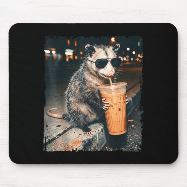 Opossum drinking iced coffee funny possum meme men mouse pad (Front)