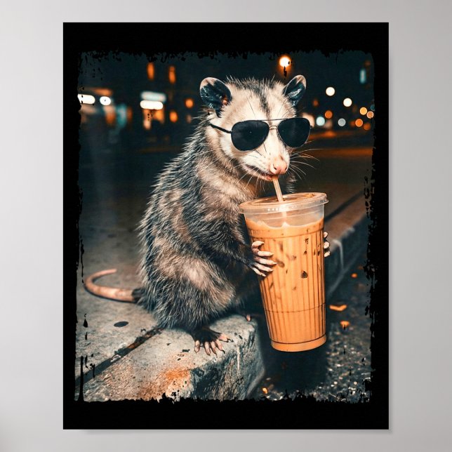 Opossum drinking iced coffee funny possum meme men poster (Front)