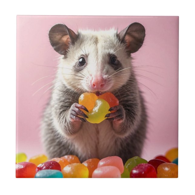 Opossum Eating Gummy Sweeties  Ceramic Tile (Front)