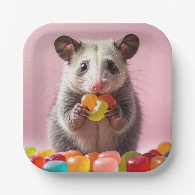 Opossum Eating Gummy Sweeties  Paper Plate (Front)