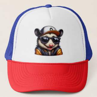 OPOSSUM IN VARSITY JACKET  TRUCKER HAT
