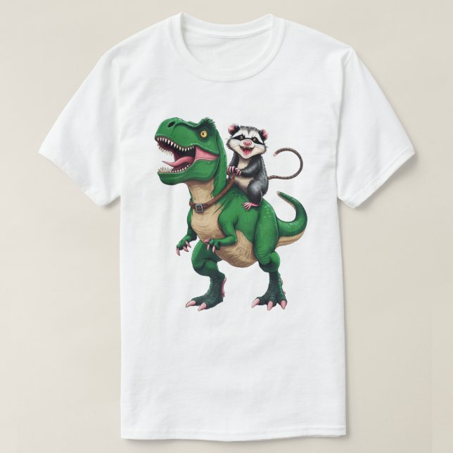 Opossum on T-Rex  - Fun Possum Riding Dinosaur Des T-Shirt (Design Front)