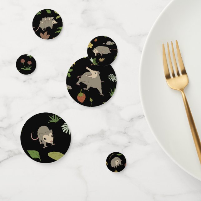 Opossums in a Berry Field in Black Confetti (Group)