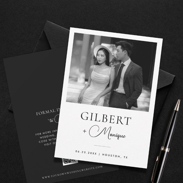 Opposite Fonts Black White Photo QR Code Wedding Save The Date (Creator Uploaded)