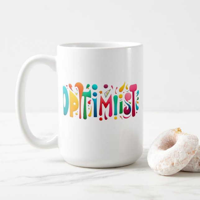 "Optimist White Mug – Colourful Motivational Desig (With Donut)
