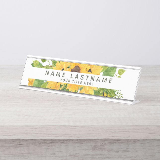 Optimistic Sunflowers Title White Custom Desk Name Plate (Front)