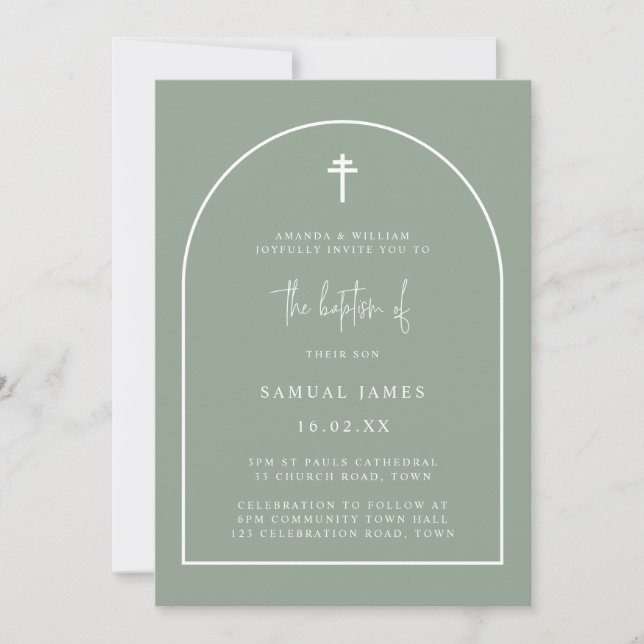 Option 2: Sage Green Arch Minimalist Baptism Invitation (Front)