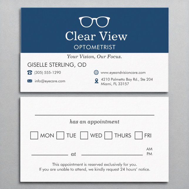 Optometrist Office Appointment Reminder Navy Blue Business Card (Creator Uploaded)