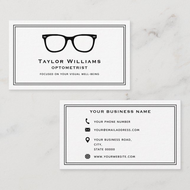 Optometrist Optician Ophthalmologist Black White Business Card (Front/Back)