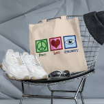 Optometrist Peace Love Optometry Office Tote Bag<br><div class="desc">A cute optometrist Christmas gift featuring a peace sign,  heart,  and a blue eye for a doctor of vision and eyesight. Peace Love Optometry present.</div>