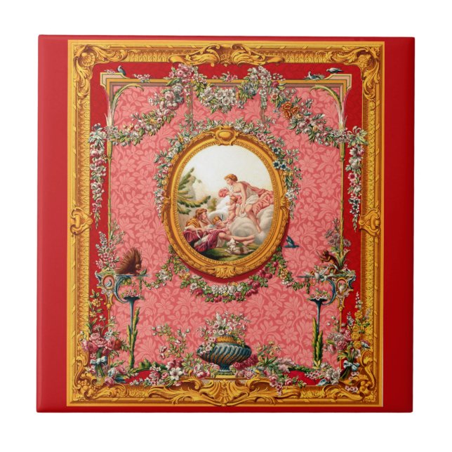 opulent 18th century baroque print happy family ceramic tile (Front)