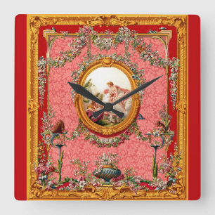 opulent 18th century baroque print happy family square wall clock