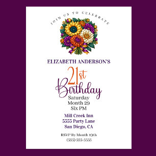 Opulent Autumn Flower Bouquet 21st Birthday Invitation