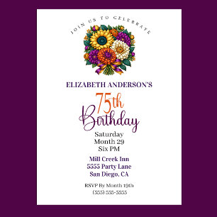 Opulent Autumn Flower Bouquet 75th Birthday Invitation