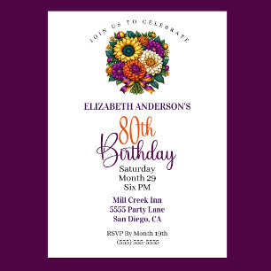 Opulent Autumn Flower Bouquet 80th Birthday Invitation