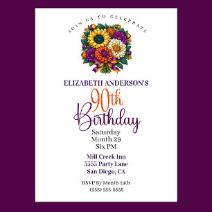 Opulent Autumn Flower Bouquet 90th Birthday Invitation