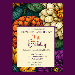 Opulent Autumn Flowers 21st Birthday Invitation