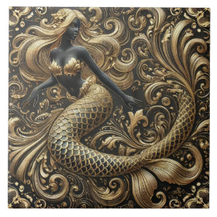 Opulent Baroque Golden Mermaid Ceramic Tile