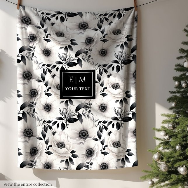 Opulent black and white flowers neutral simple fleece blanket (Opulent black and white flowers neutral simple Fleece Blanket)